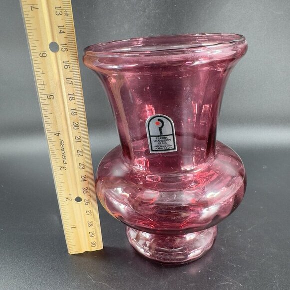 Vintage Pilgrim Cranberry Glass Vase Footed Hurricane Vase Made With Gold USA - Picture 3 of 12